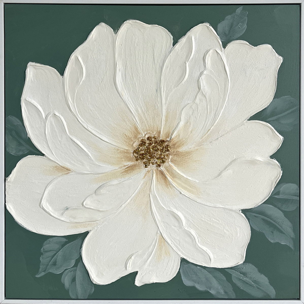 Ivory Bloom I Hand-Painted Canvas In Frame - Green / Ivory
