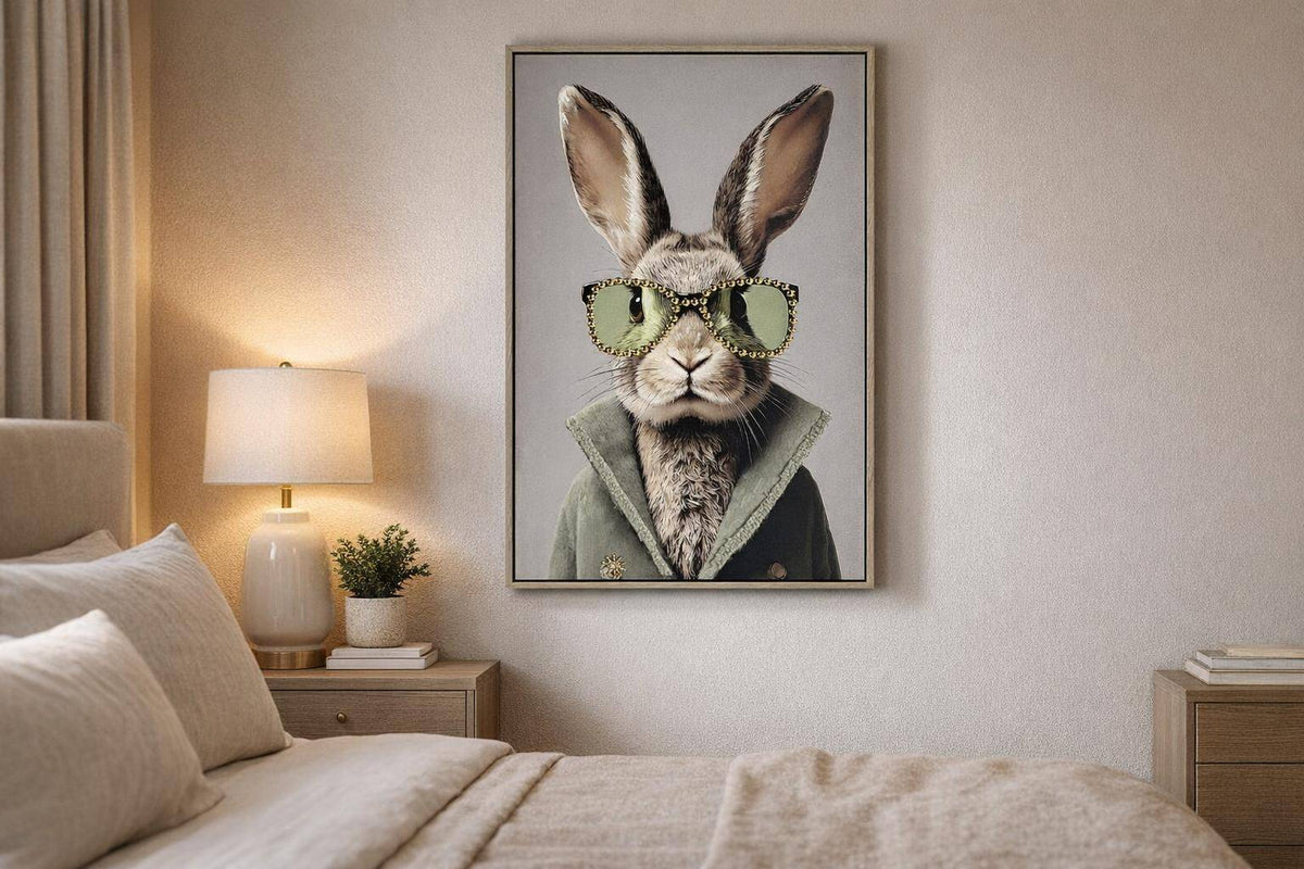 Velvet Hare I Hand-Embellished Canvas With Fabric In Frame - Gray / Beige
