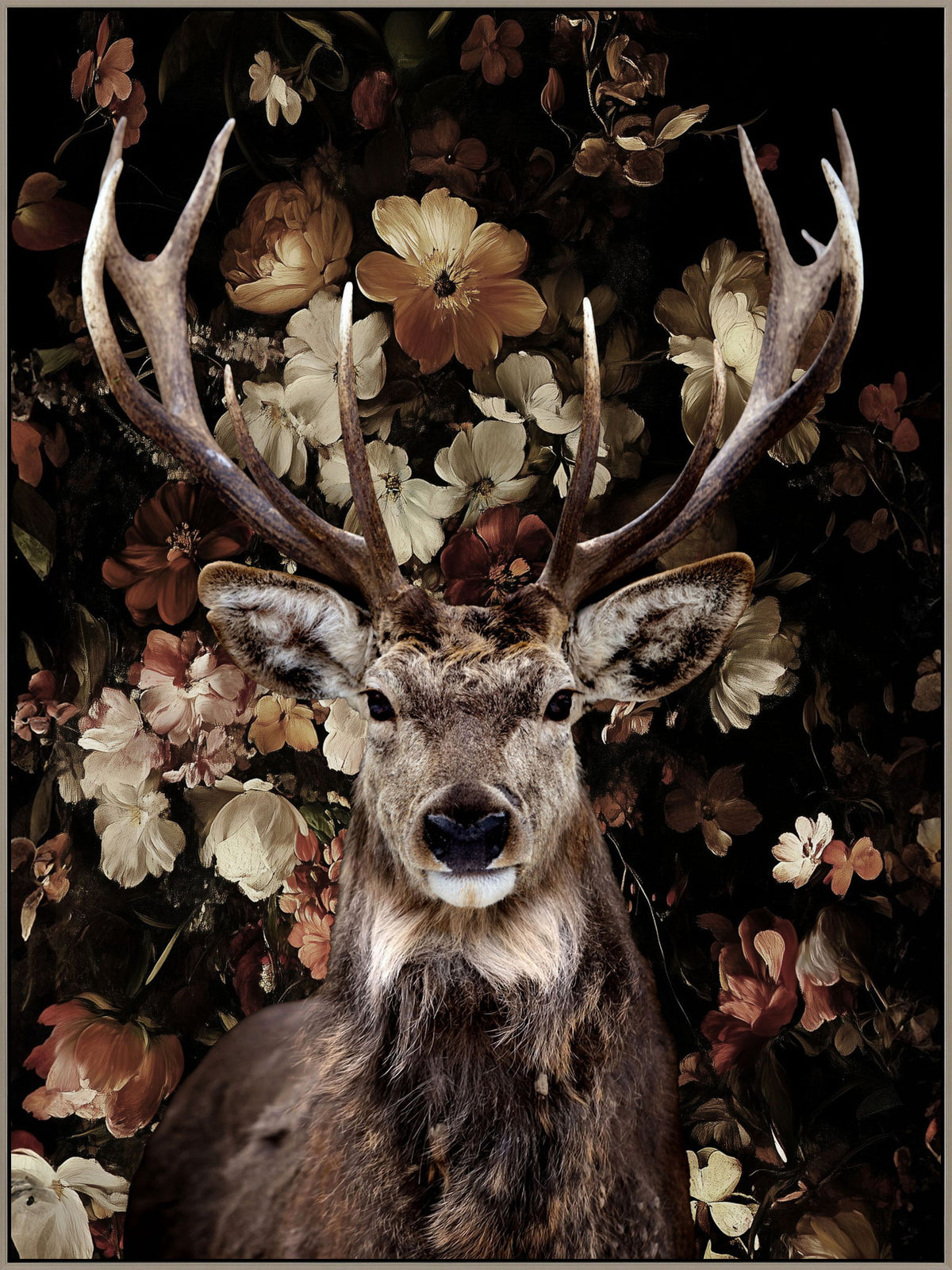 Majestic Stag Florals - 36" x 48" Framed Wall Art - Dark Brown