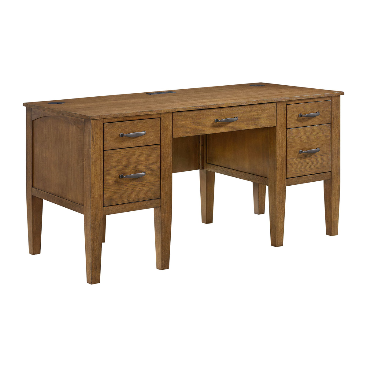 Portico - Half Pedestal Desk With Power / USB - Brown Oak