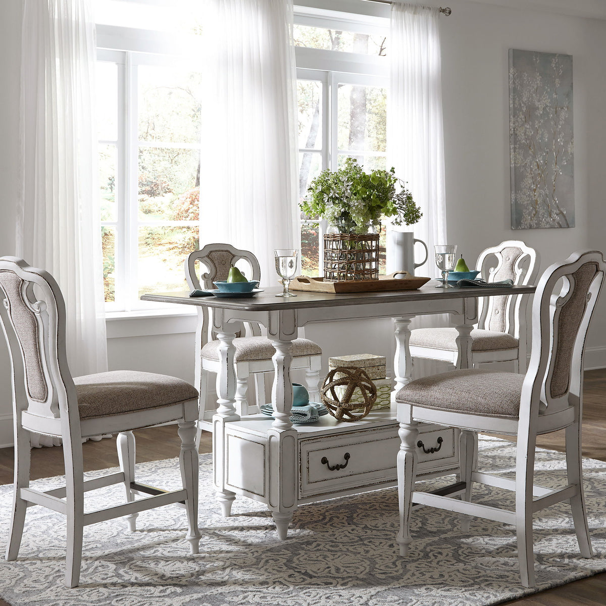 Magnolia Manor - 5 Piece Gathering Table Set - Antique White / Dark Brown