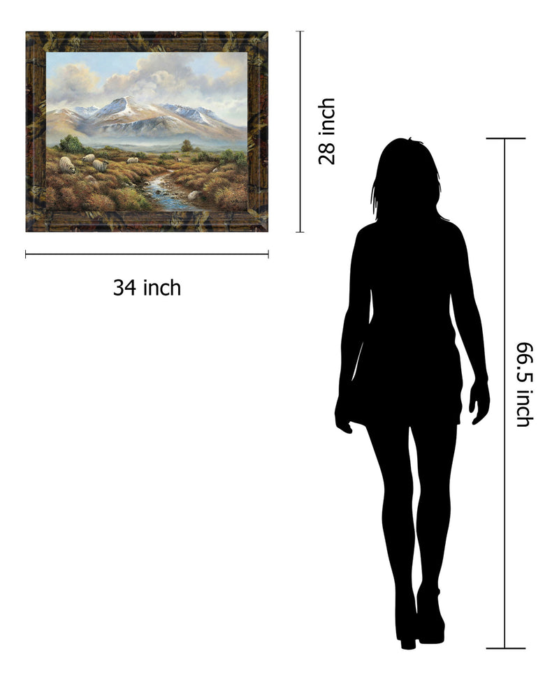 Woolly Grazing Vista - 28" x 34" Framed Wall Art - Light Brown