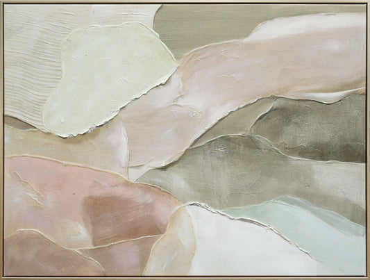 "Ethereal Layers" Hand-Embellished Canvas In Frame - Soft White / Muted Green / Taupe