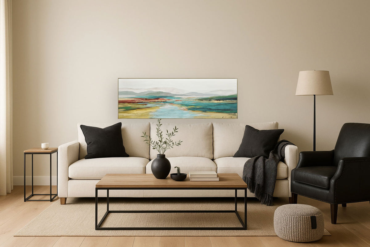 Sunlit Aqua Pass - 20" x 60" Framed Wall Art - Beige