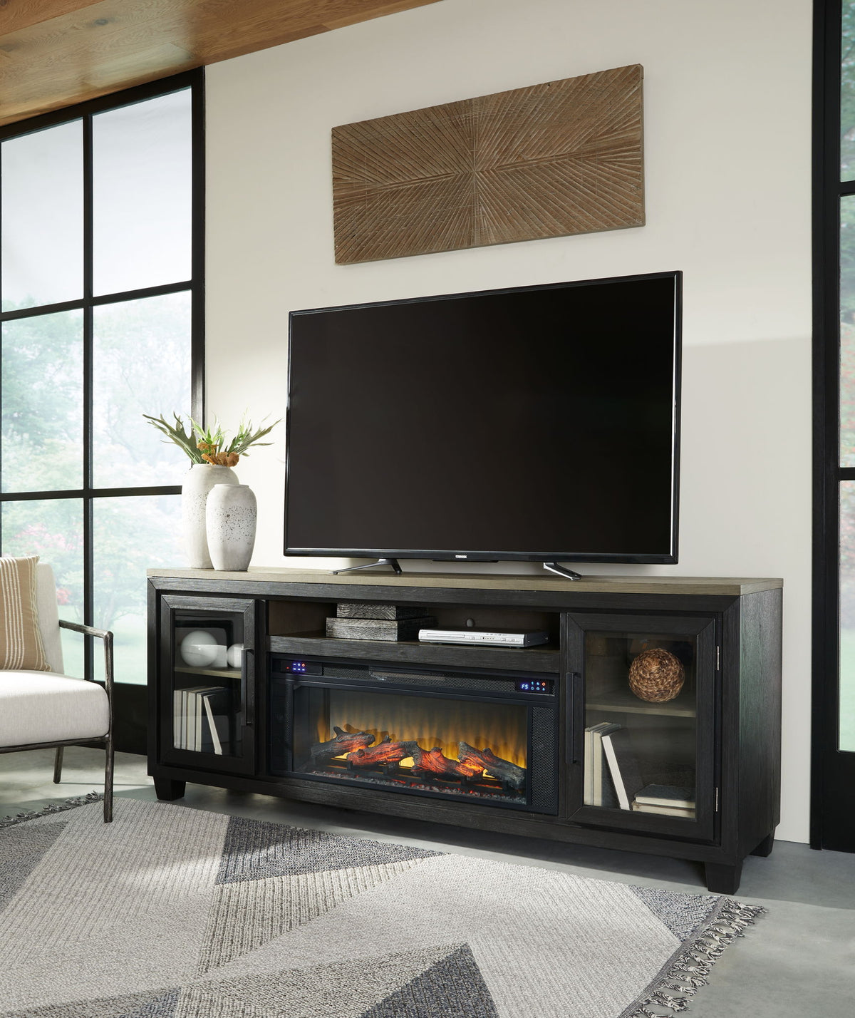 Foyland - 83" TV Stand With Electric Infrared Fireplace Insert - Black / Brown
