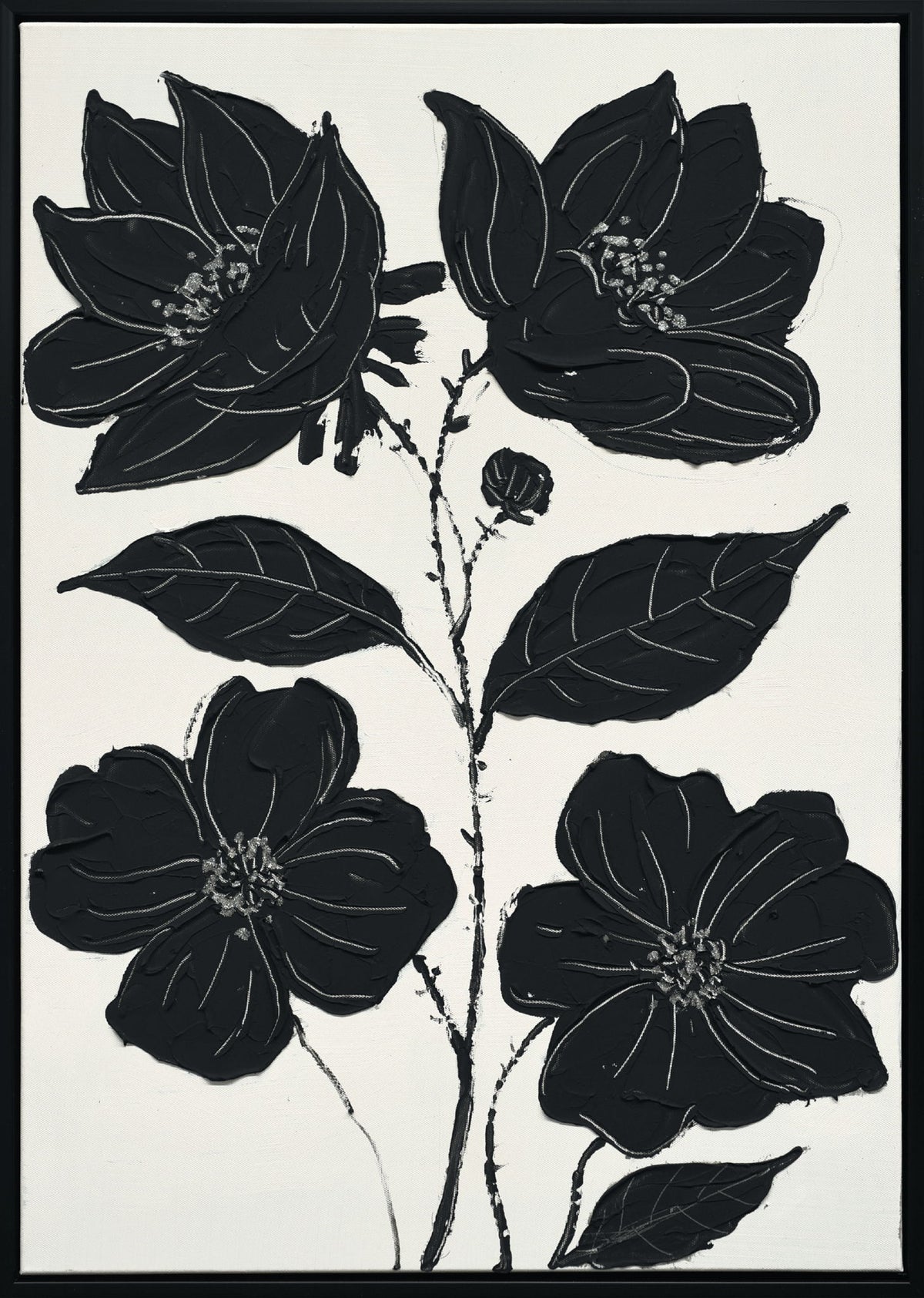 "Nocturnal Blooms I" Hand-Painted Canvas In Frame - Black