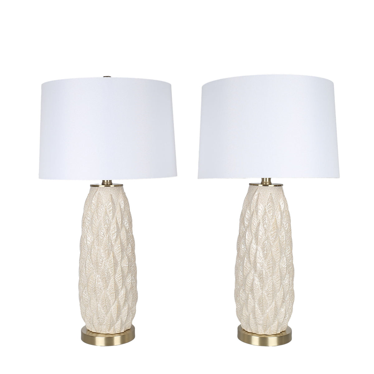 Textured Leaves Carved Ceramic & Metal Table Lamp (Set of 2) - Beige / Soft Gold
