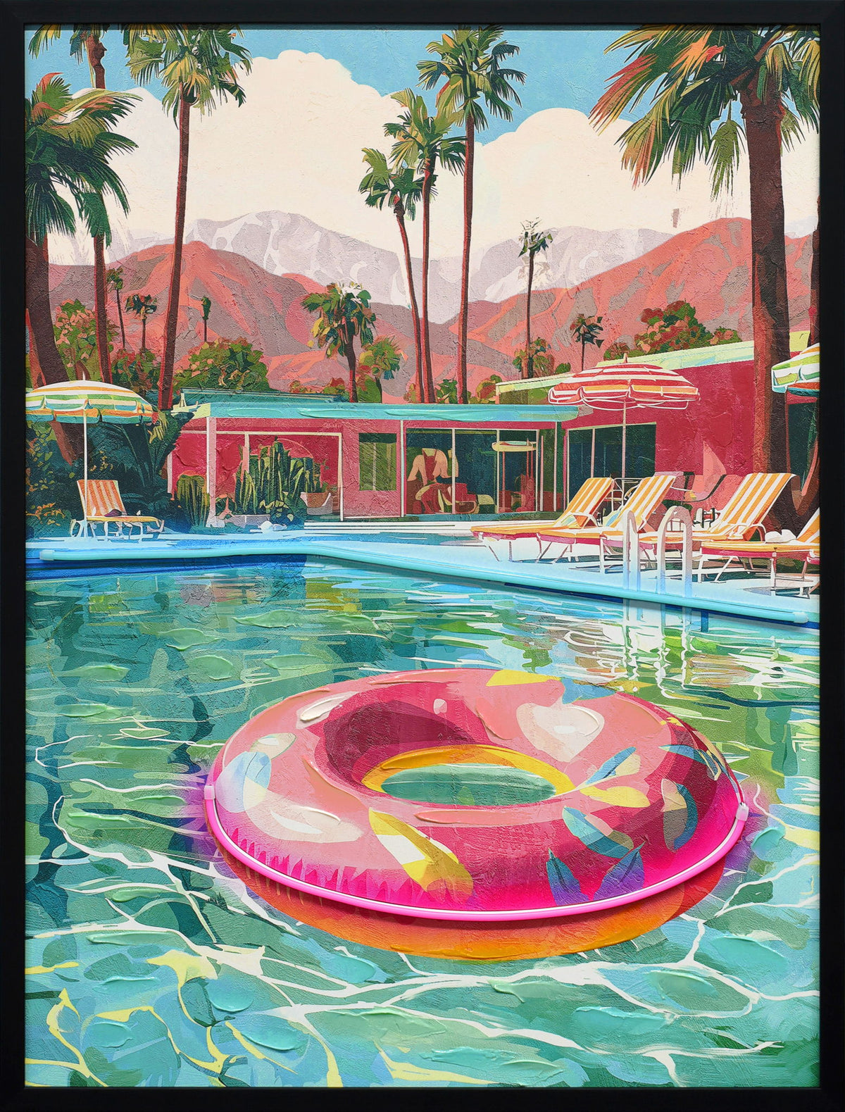 Poolside Escape Hand-Embellished LED Canvas In Frame - Green / Pink