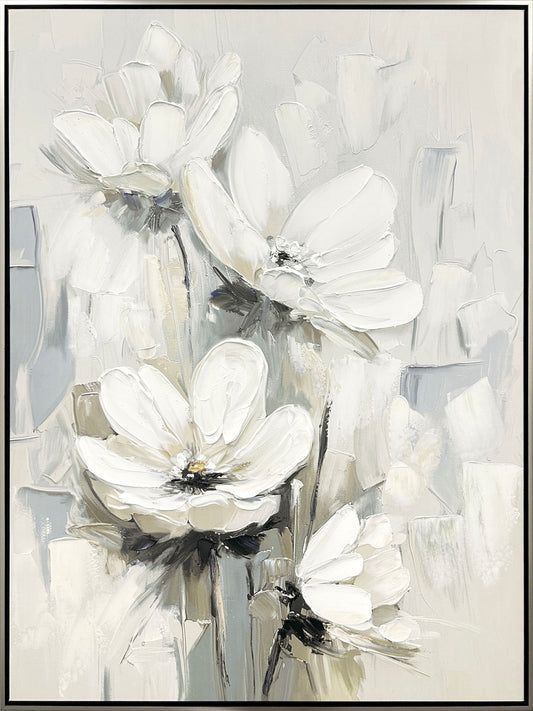 "Whispering Blooms I" Hand-Embellished Canvas In Frame - White / Gray / Black