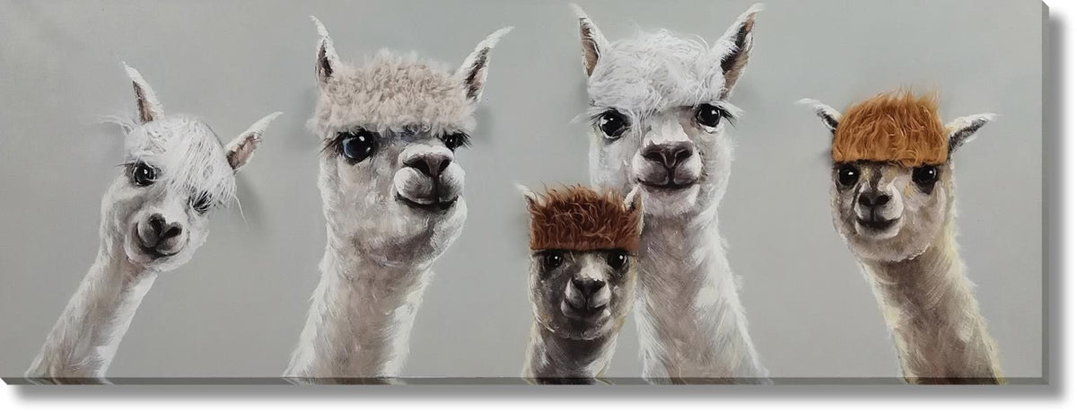 Whimsical Llama Lineup - 20" x 60" Framed Wall Art - Gray