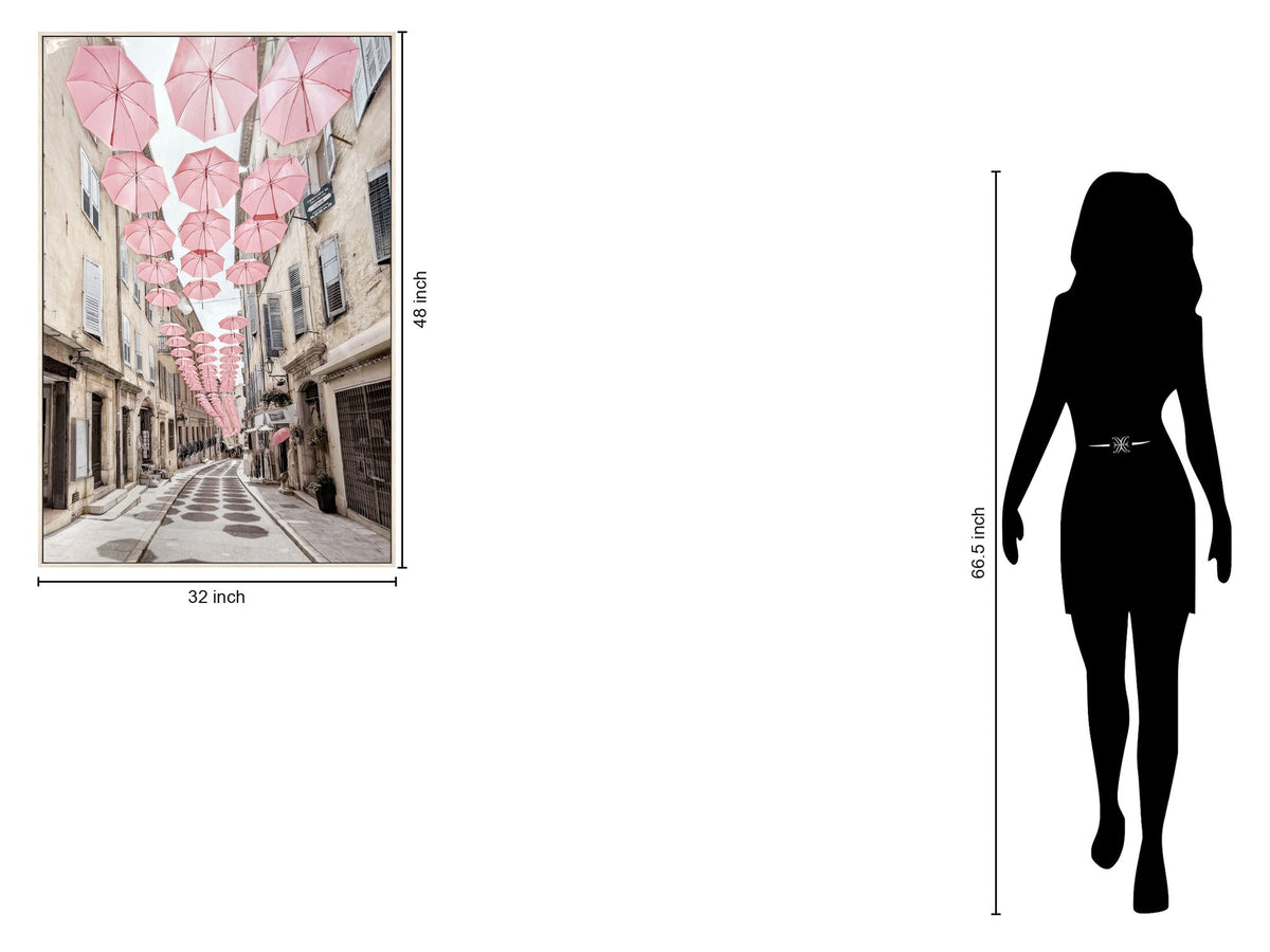 Pink Umbrellas Promenade Gloss Canvas In Frame - Pink / Ivory