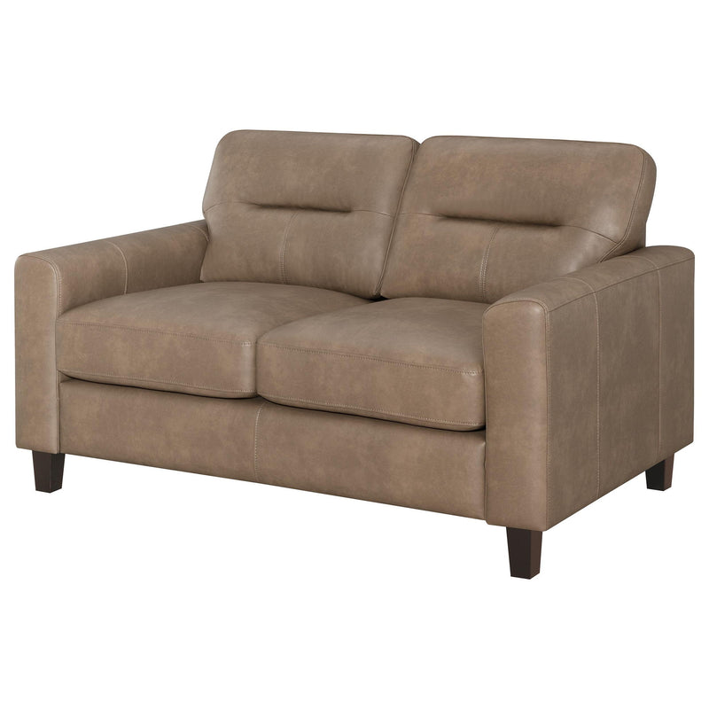 Scotland Faux Leather Upholstered Track Arm Loveseat Brown