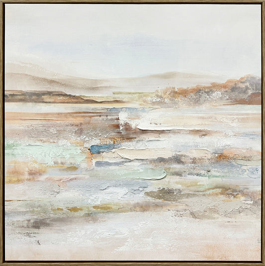 "Serene Horizons II" Hand-Embellished Canvas In Frame - Gray / Orange / Blue