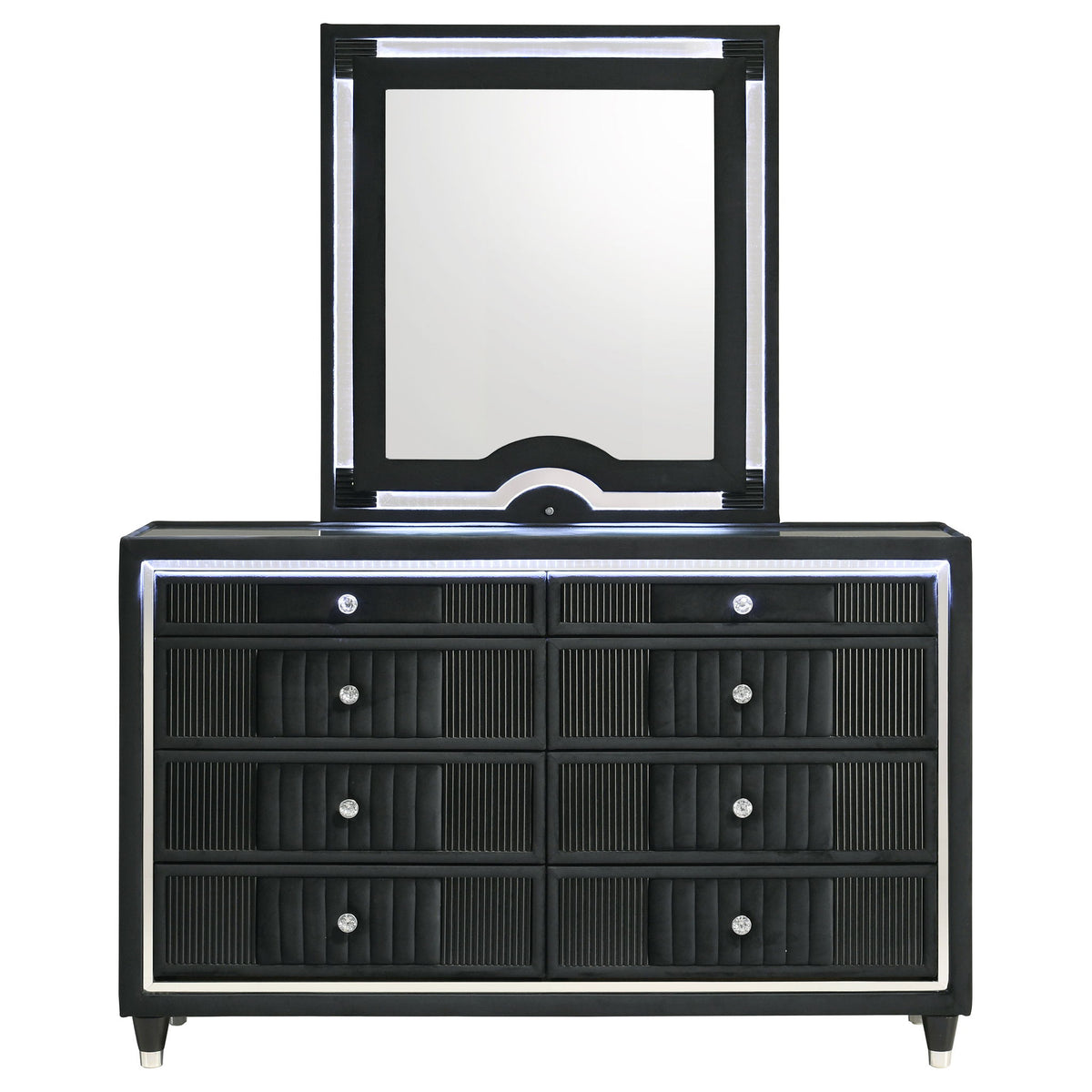 Ravenne 8-drawer Velvet Upholstered LED Dresser and Mirror Black