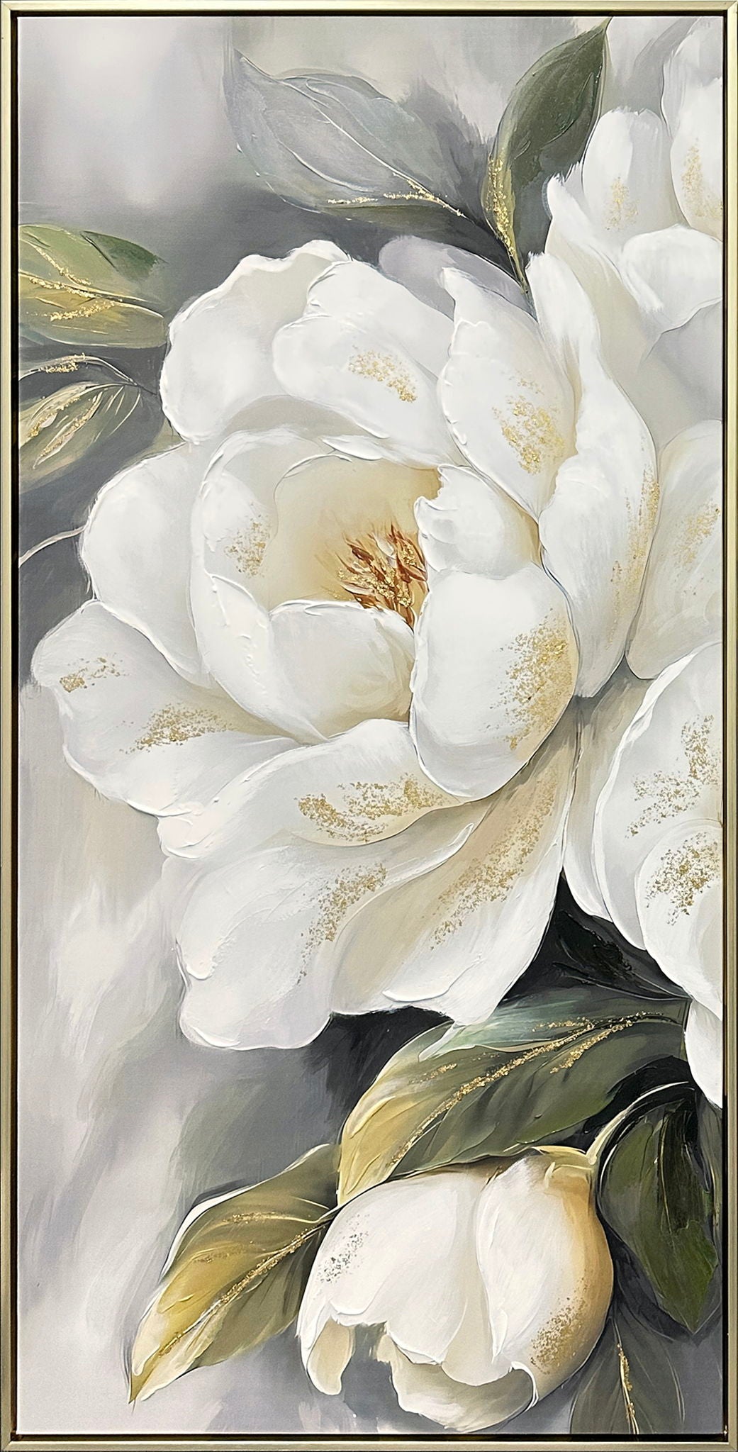 Gold Peony II Hand-Embellished Canvas In Frame - Ivory / Gray