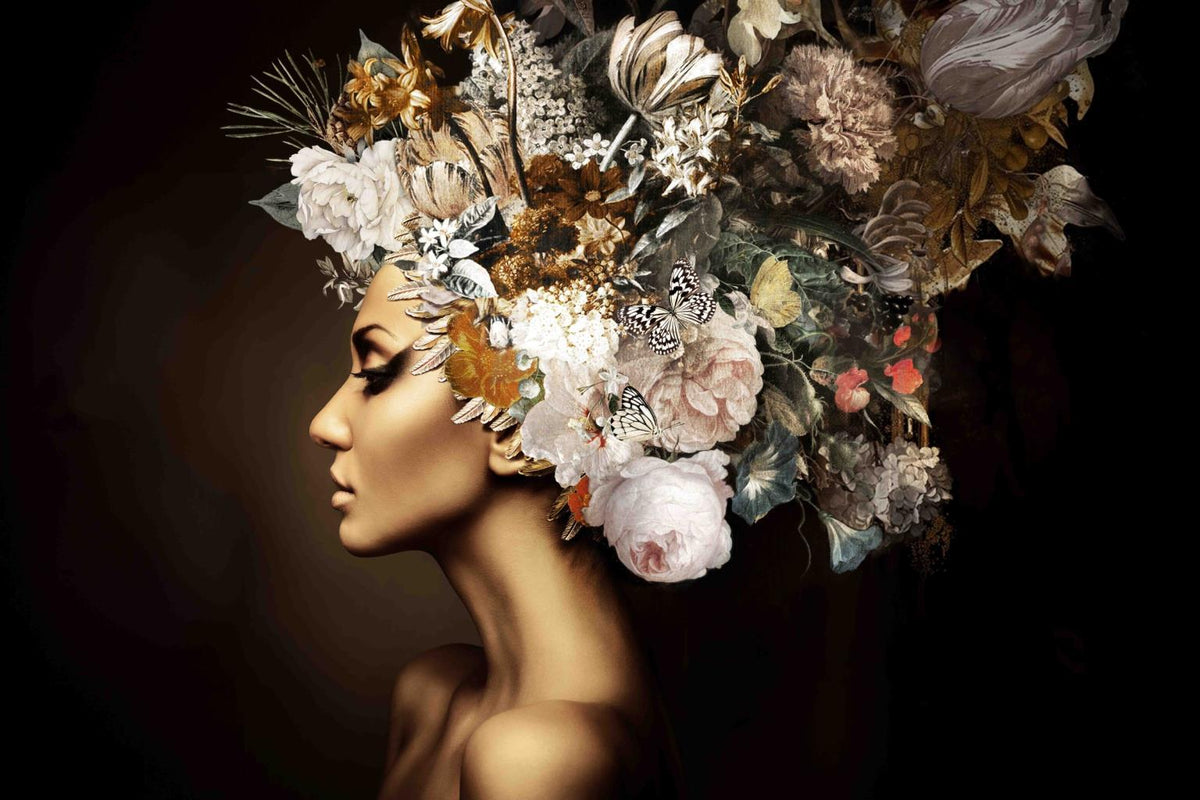 Opulent Flora Muse - 40" x 60" Framed Wall Art - Dark Brown