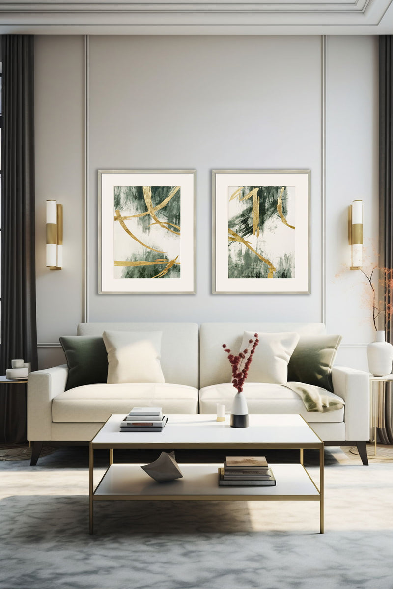 "Golden Strokes I" Hand-Embellished Canvas Framed Under Acrylic - Gold / Green / White