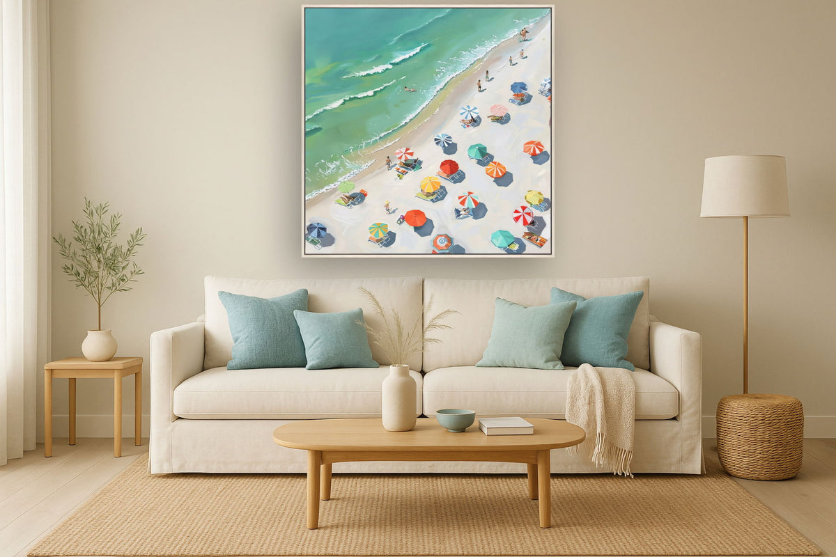 Sunlit Seaside Escape - 48" x 48" Framed Wall Art - Blue