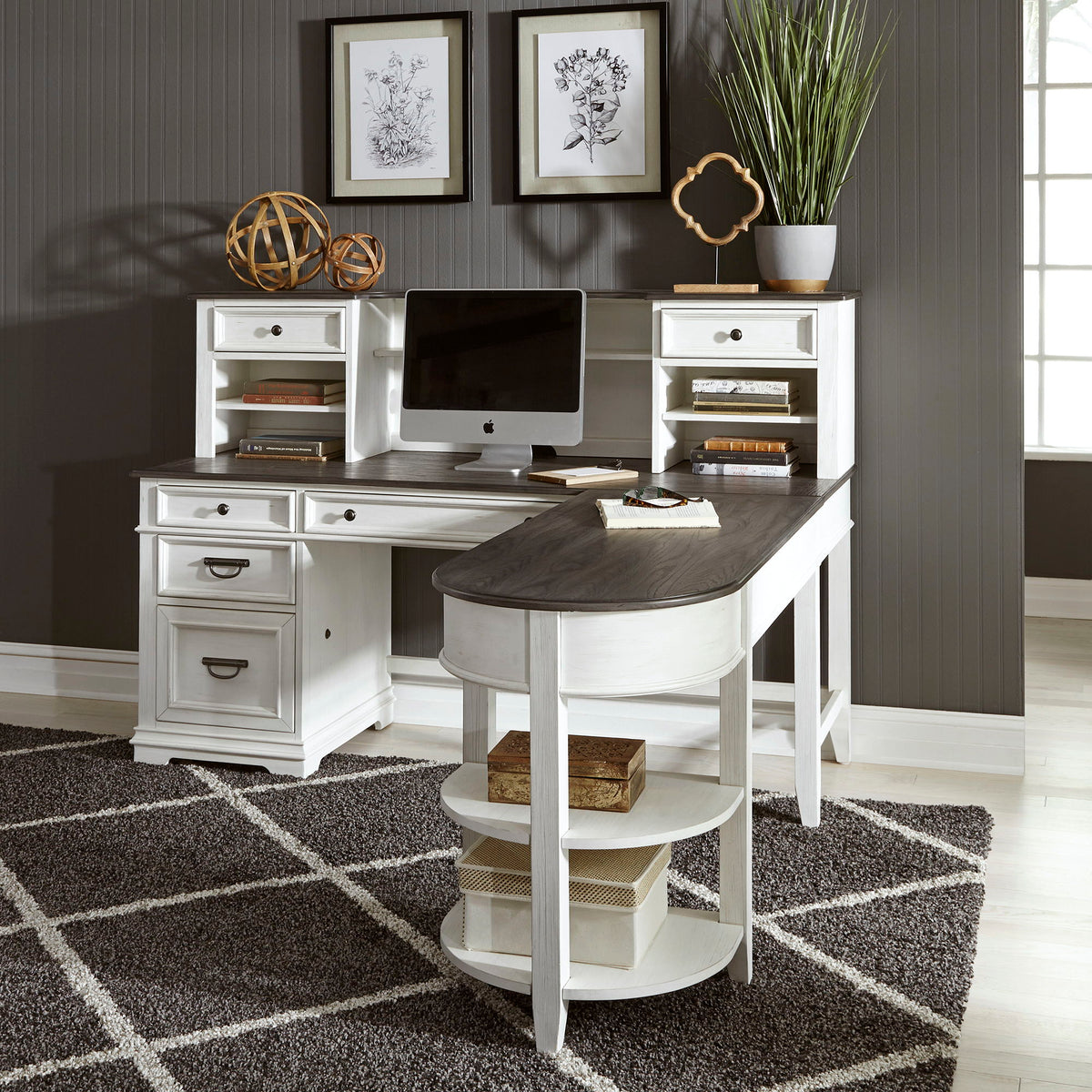 Allyson Park - L Shaped Desk With Hutch - Wirebrushed White / Charcoal