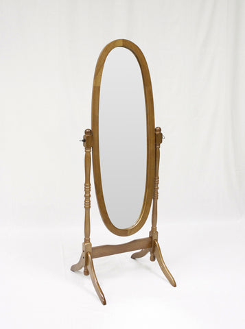 Oak finish oval cheval mirror 23.25" wide, 59.5" high
