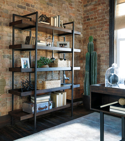 Urban rustic bookshelf with 5 large shelves and open back. 58" Long, 76" high