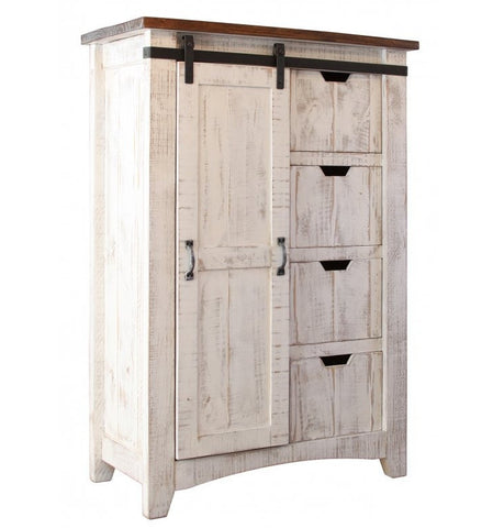 Rustic White Chest, 4 large drawers on right, sliding door with shelves on left, 36" wide, 53 1/2" high