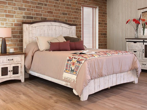 Pueblo White Cal King Rustic Bed requires box foundation, accomodates adjustable mattress.